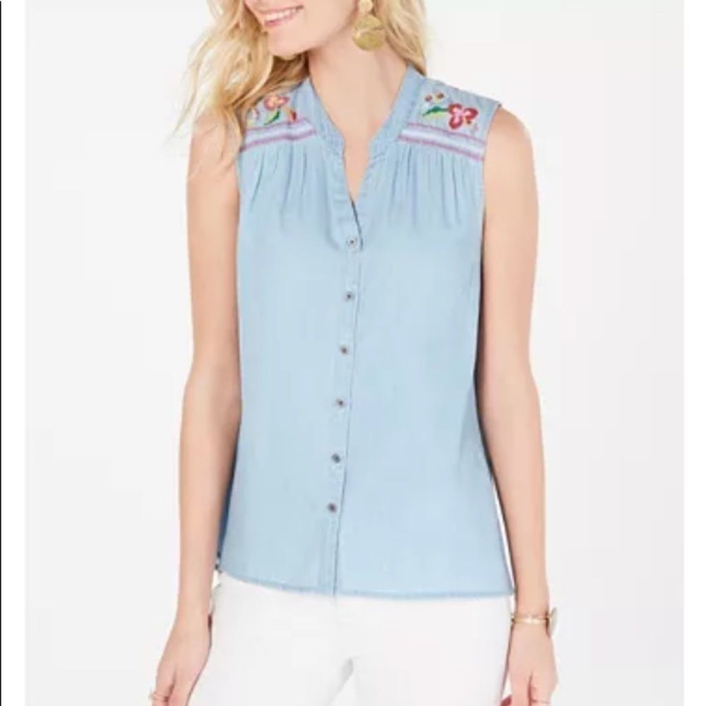 Style & Co Embroidered Button-Up Top Womens Size Large NWT